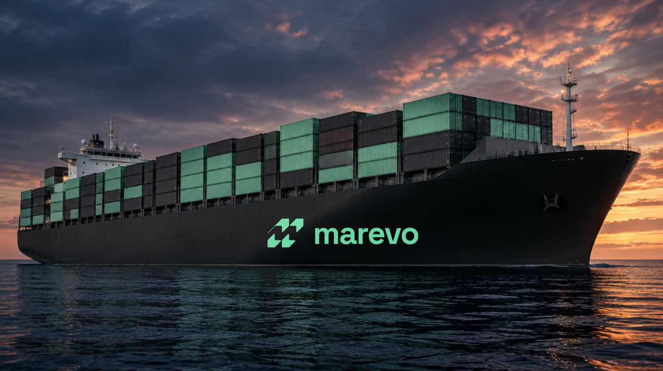 Container vessel at sea carrying Marevo containers